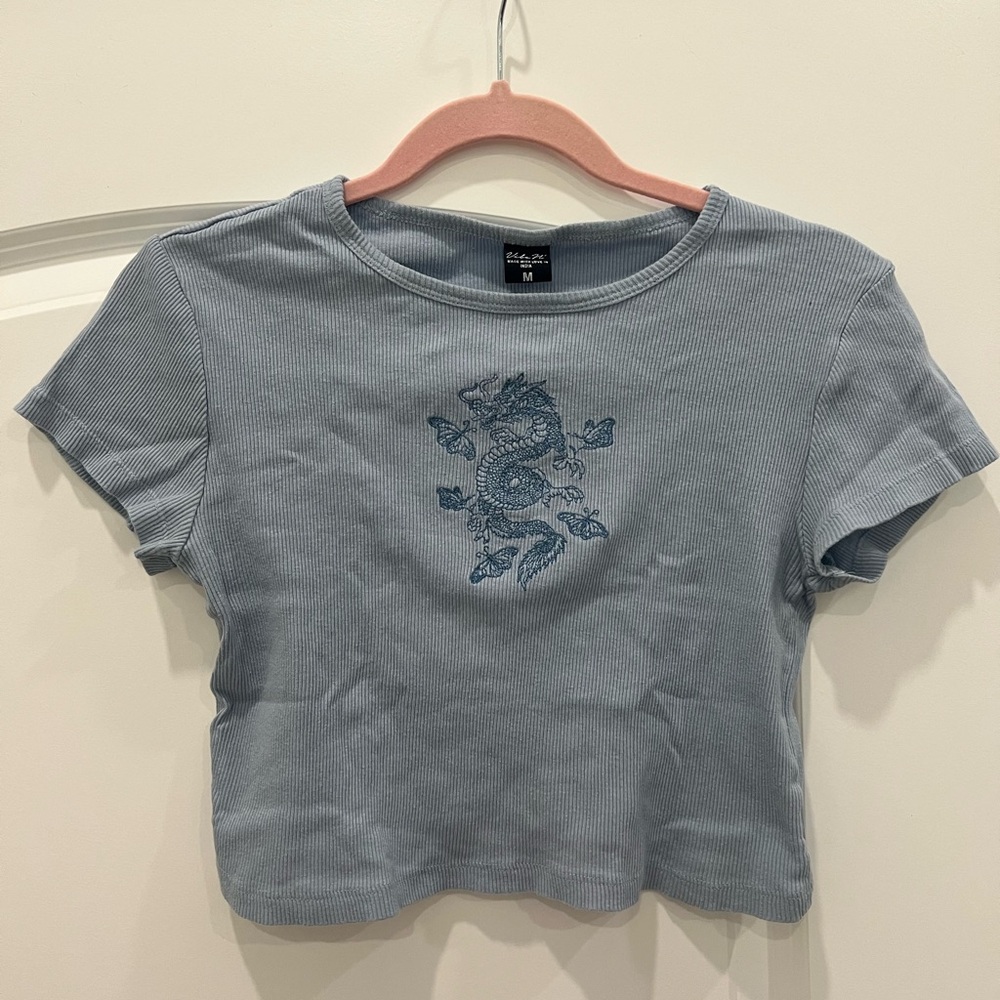 Stylish Blue Dragon Embroidered cropped baby tee